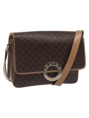 Authentic CELINE Macadam Canvas Circle Shoulder Bag PVC Leather Brown Gold